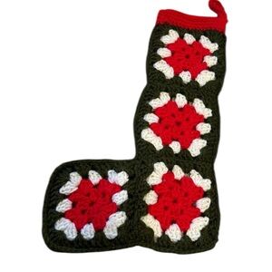 Crochet Christmas Stocking with Red and White Flowers handmade granny squares